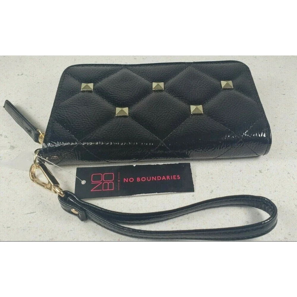 No Boundaries Kendra Black Studded Wallet Wristlet Clutch Purse Patent Leather